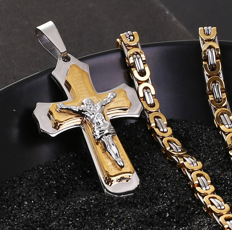 Gold & Silver Jesus Crucifix Pendant – Bible-Inspired Titanium Steel Cross Necklace