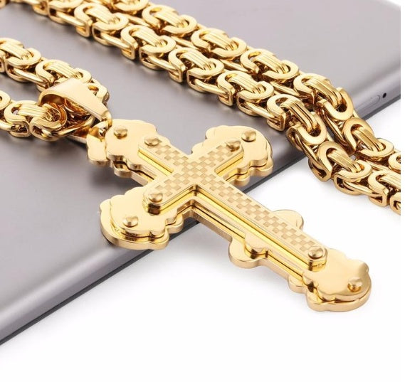 Gold & Silver Jesus Crucifix Pendant – Bible-Inspired Titanium Steel Cross Necklace