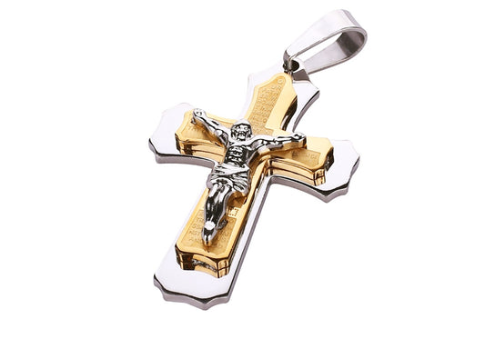 Gold & Silver Jesus Crucifix Pendant – Bible-Inspired Titanium Steel Cross Necklace