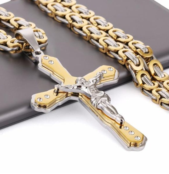 Gold & Silver Jesus Crucifix Pendant – Bible-Inspired Titanium Steel Cross Necklace