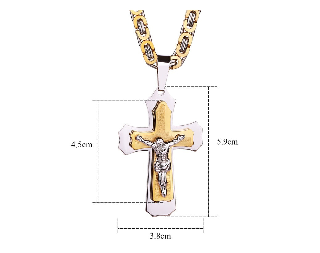 Gold & Silver Jesus Crucifix Pendant – Bible-Inspired Titanium Steel Cross Necklace