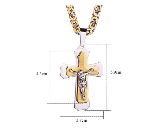 Gold & Silver Jesus Crucifix Pendant – Bible-Inspired Titanium Steel Cross Necklace