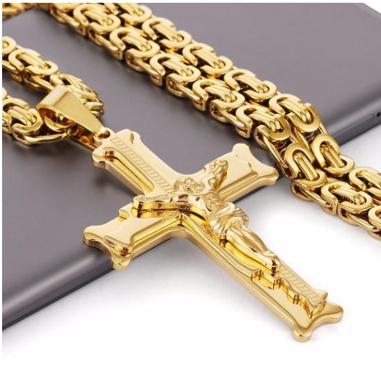 Gold & Silver Jesus Crucifix Pendant – Bible-Inspired Titanium Steel Cross Necklace