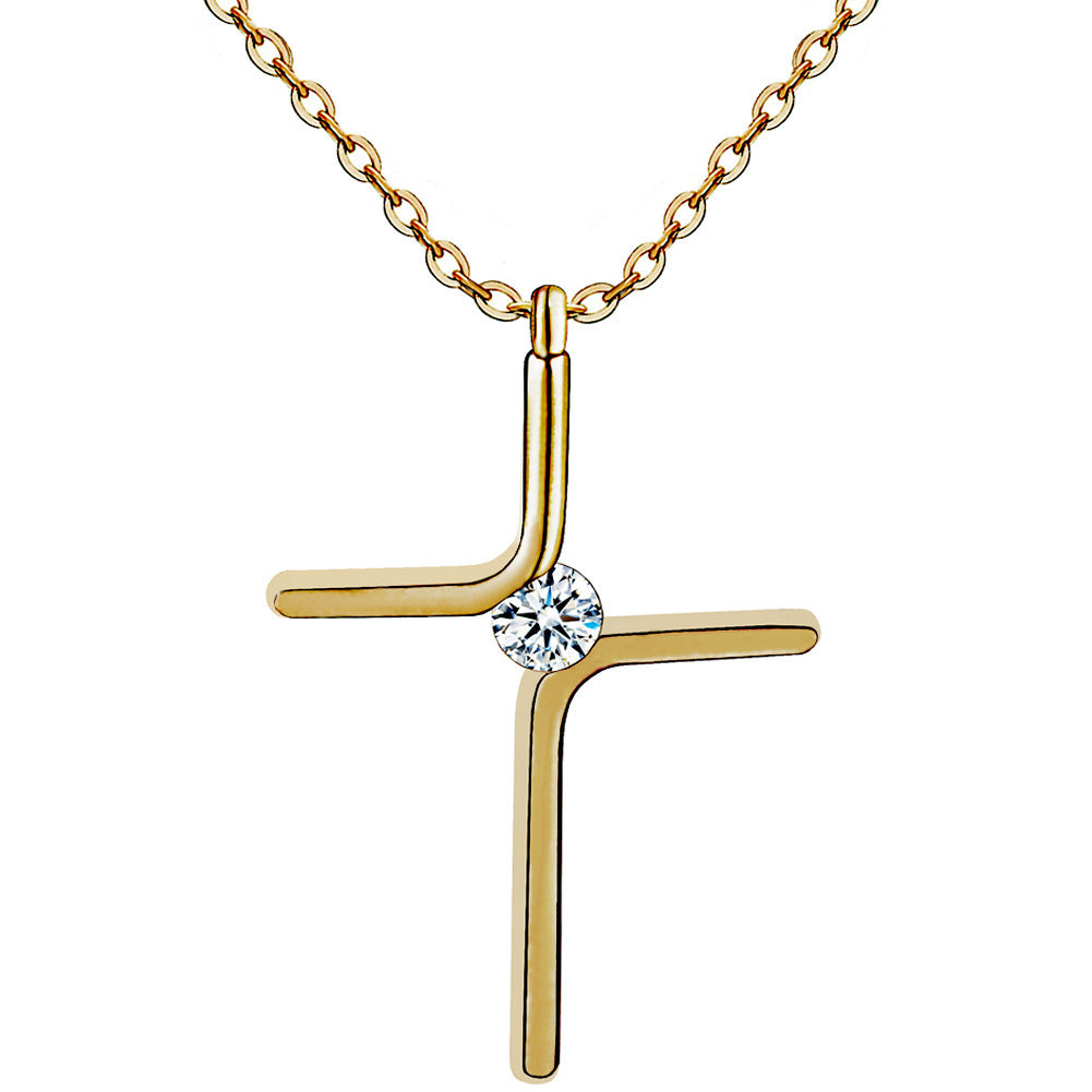Elegant Gold Cross Necklace with Crystal Center – Titanium Steel Faith Pendant for Women
