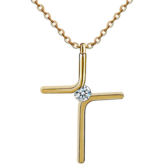 Elegant Gold Cross Necklace with Crystal Center – Titanium Steel Faith Pendant for Women