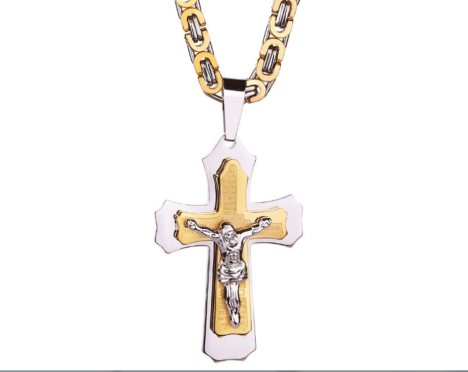 Gold & Silver Jesus Crucifix Pendant – Bible-Inspired Titanium Steel Cross Necklace