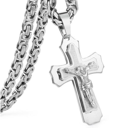 Gold & Silver Jesus Crucifix Pendant – Bible-Inspired Titanium Steel Cross Necklace