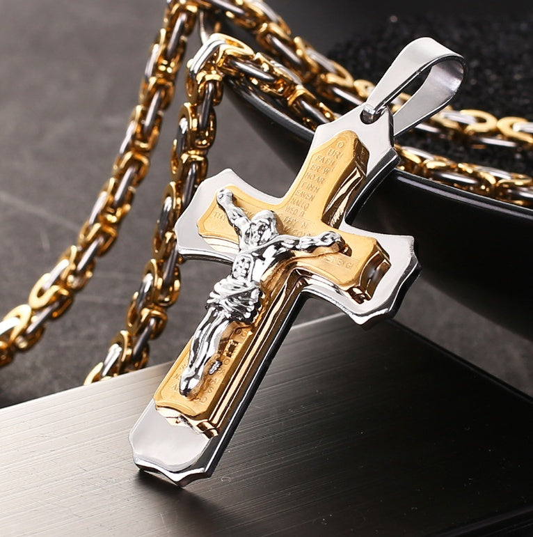 Gold & Silver Jesus Crucifix Pendant – Bible-Inspired Titanium Steel Cross Necklace