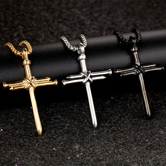 Iron Nail Cross Necklace for Men – Bold Stainless Steel Pendant in Gold, Silver & Black